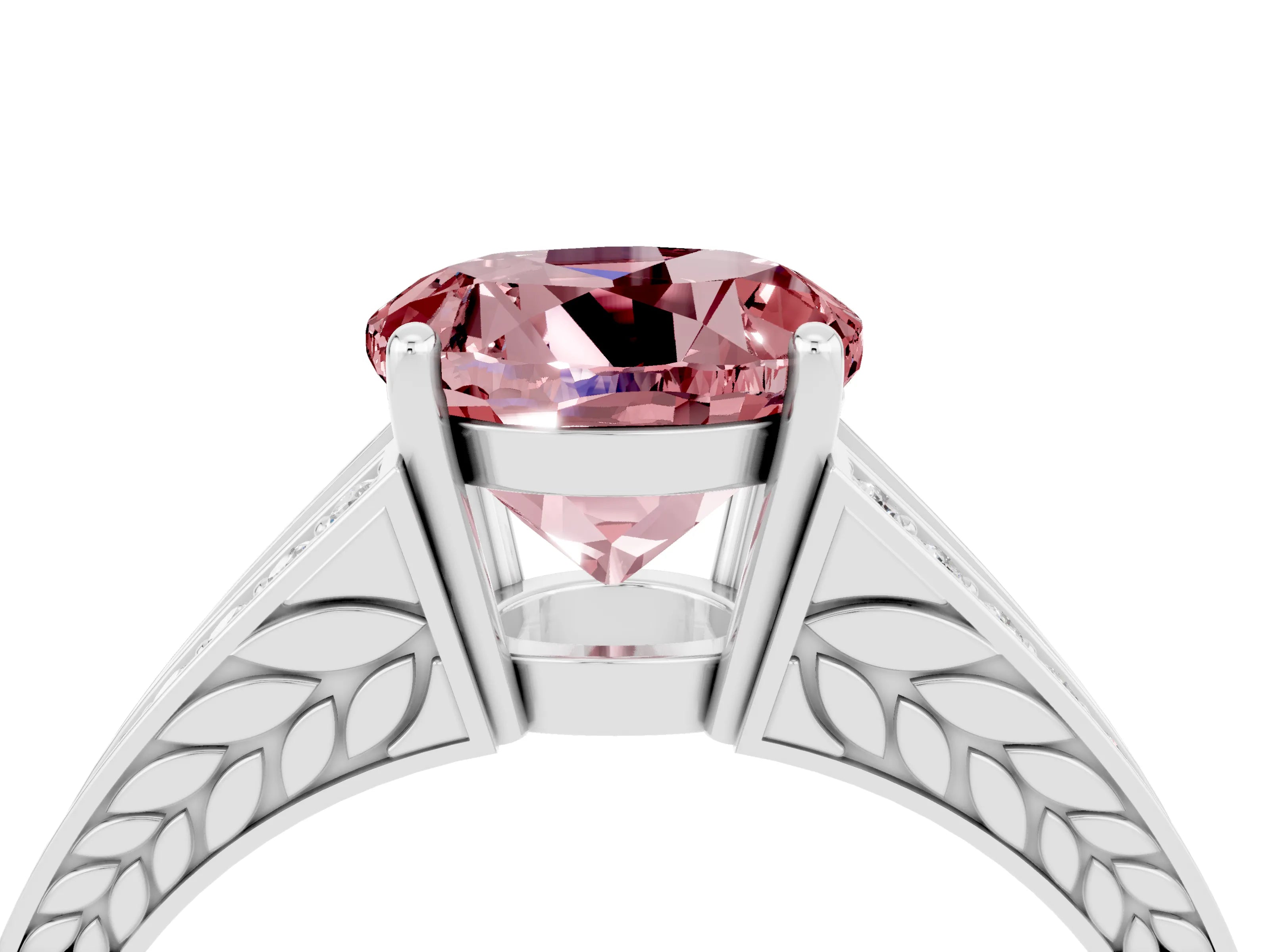 White gold Round Cut Morganite Split Shank Ring with Pavé Band and Four-Prong Setting_4