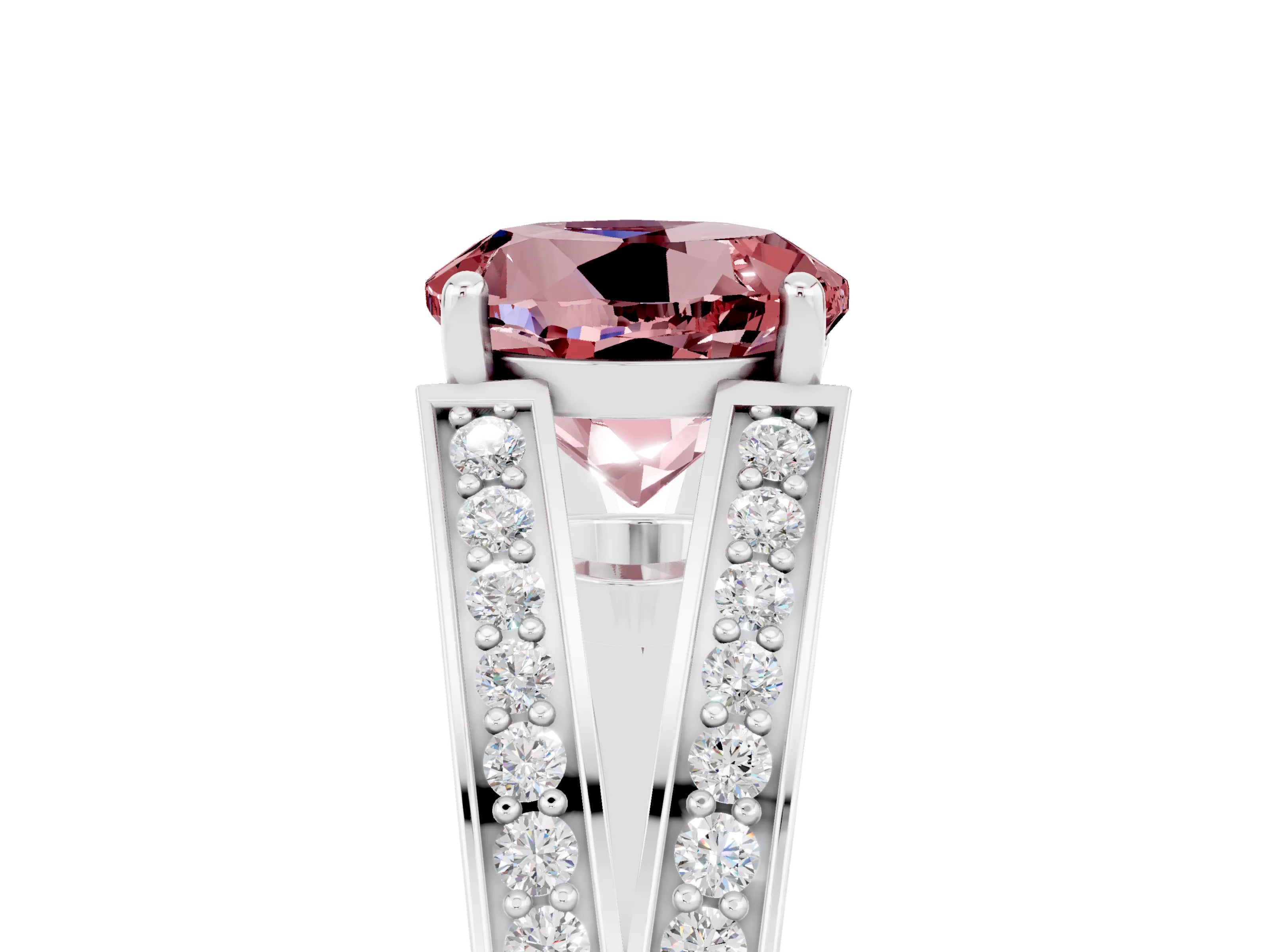 White gold Round Cut Morganite Split Shank Ring with Pavé Band and Four-Prong Setting_5
