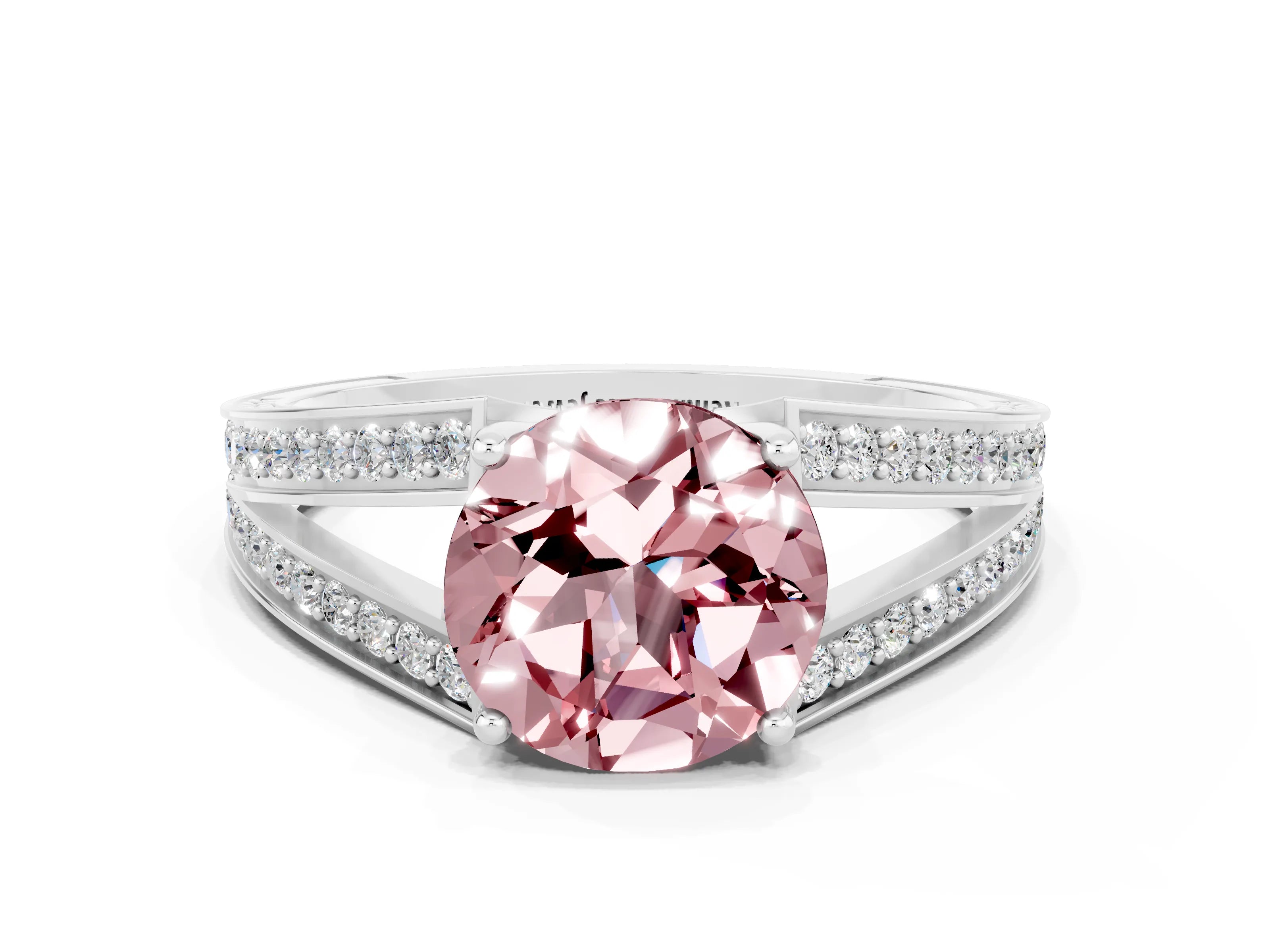 White gold Round Cut Morganite Split Shank Ring with Pavé Band and Four-Prong Setting