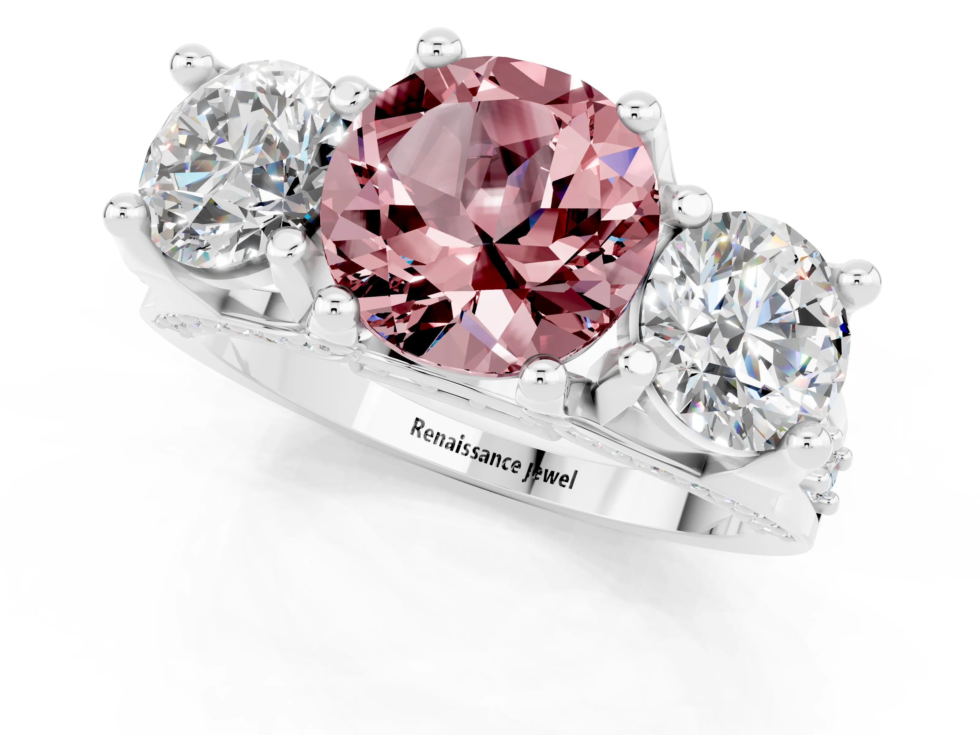 White gold Round Cut Morganite Three-Stone Ring with Channel Set Band and Four-Prong Setting_1