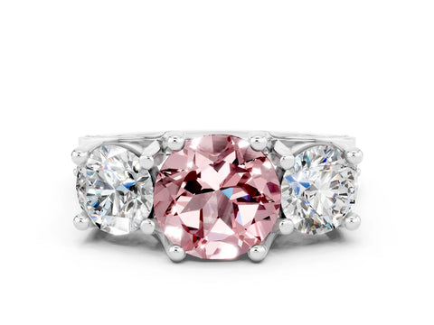White gold Round Cut Morganite Three-Stone Ring with Channel Set Band and Four-Prong Setting