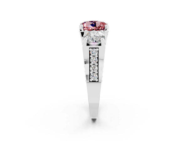 Silver Round Cut Morganite Three-Stone Ring with Channel Set Band and Four-Prong Setting