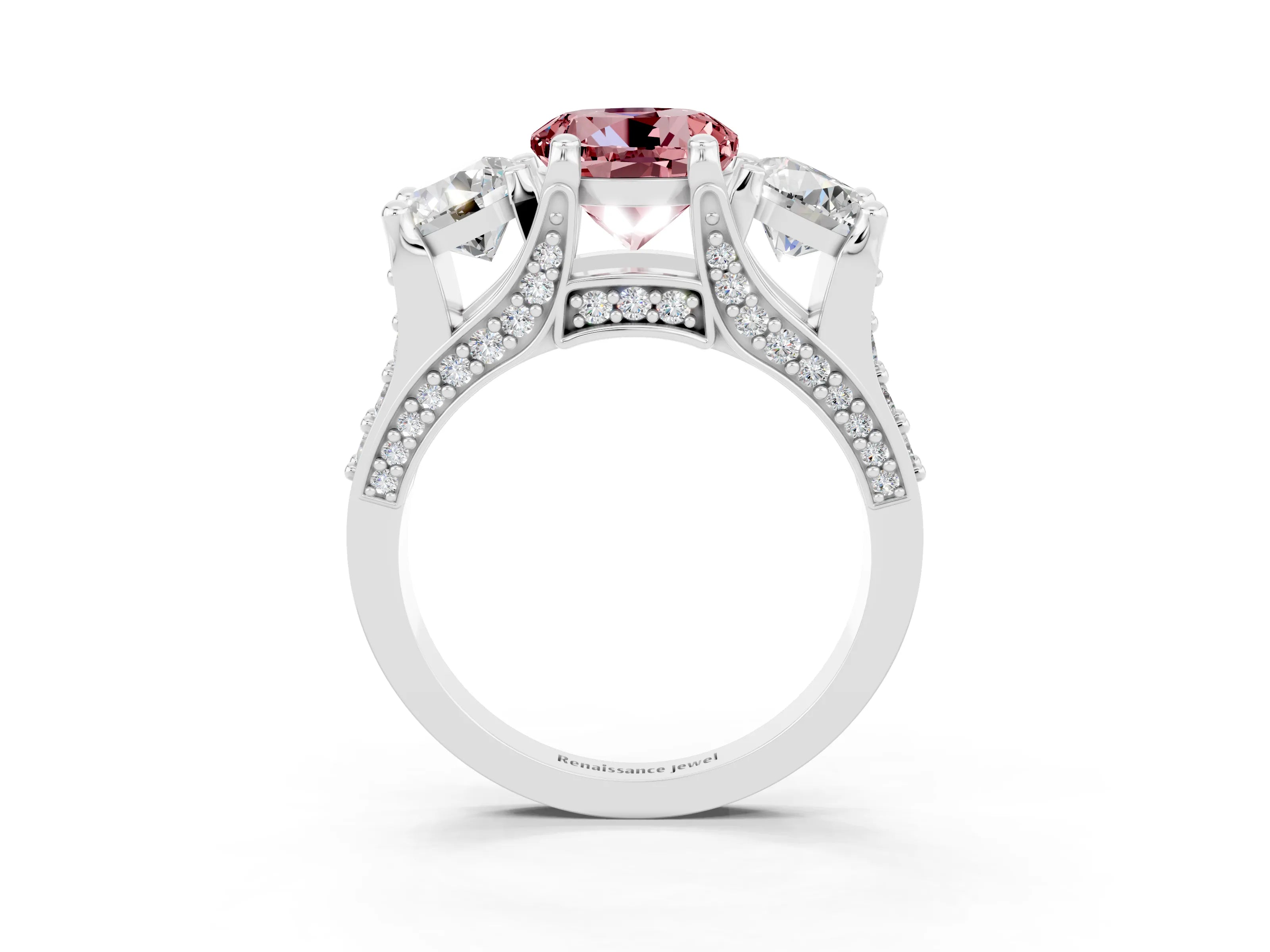 White gold Round Cut Morganite Three-Stone Ring with Channel Set Band and Four-Prong Setting_3