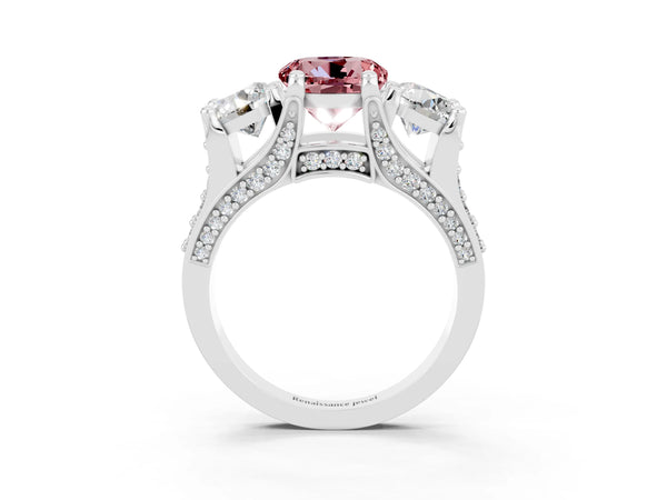 Silver Round Cut Morganite Three-Stone Ring with Channel Set Band and Four-Prong Setting