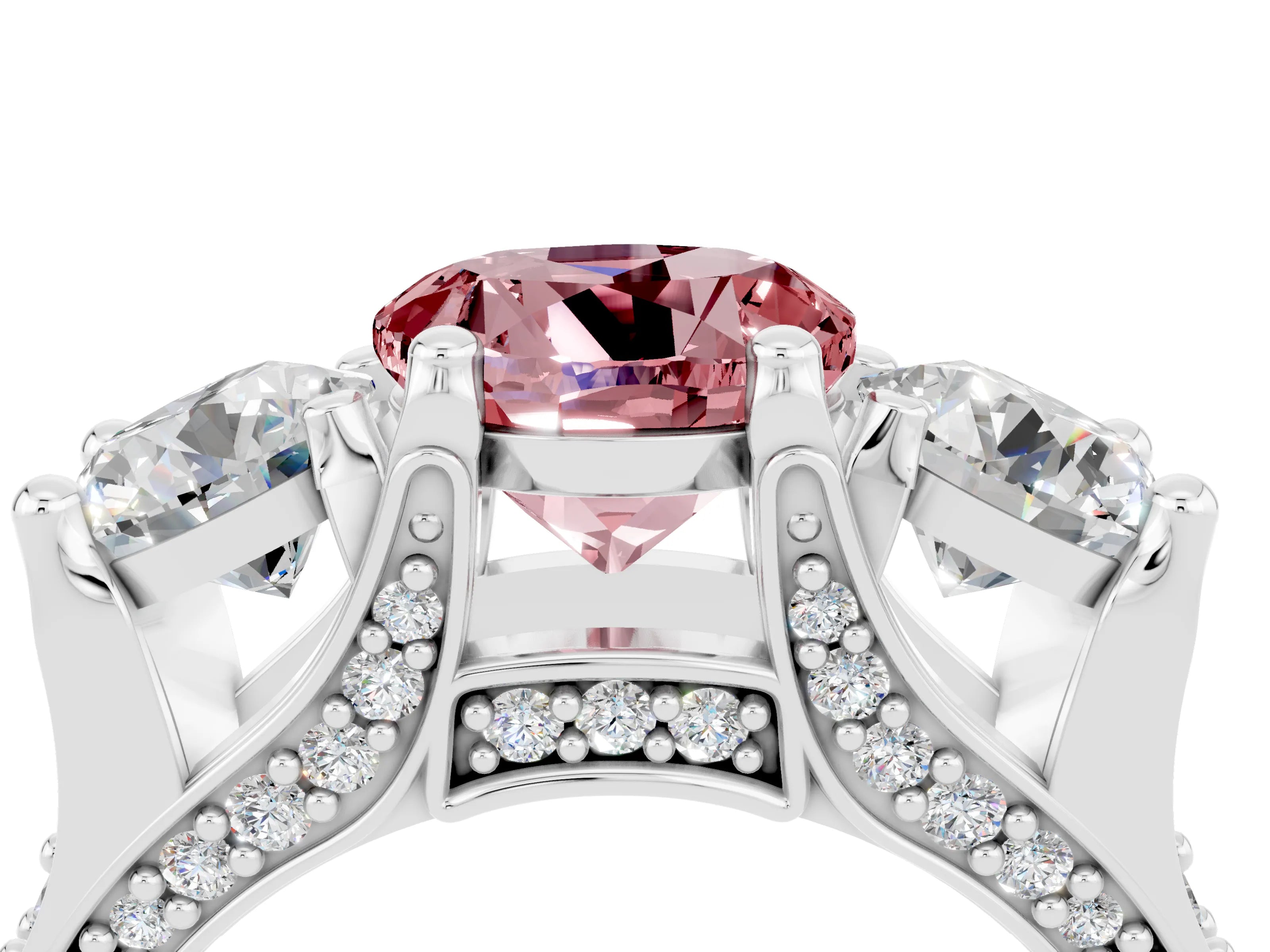 White gold Round Cut Morganite Three-Stone Ring with Channel Set Band and Four-Prong Setting_4