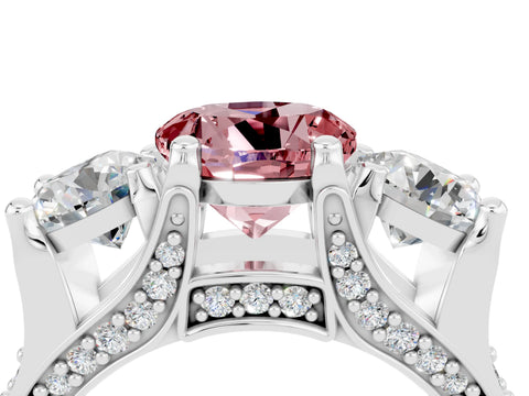 White gold Round Cut Morganite Three-Stone Ring with Channel Set Band and Four-Prong Setting_4
