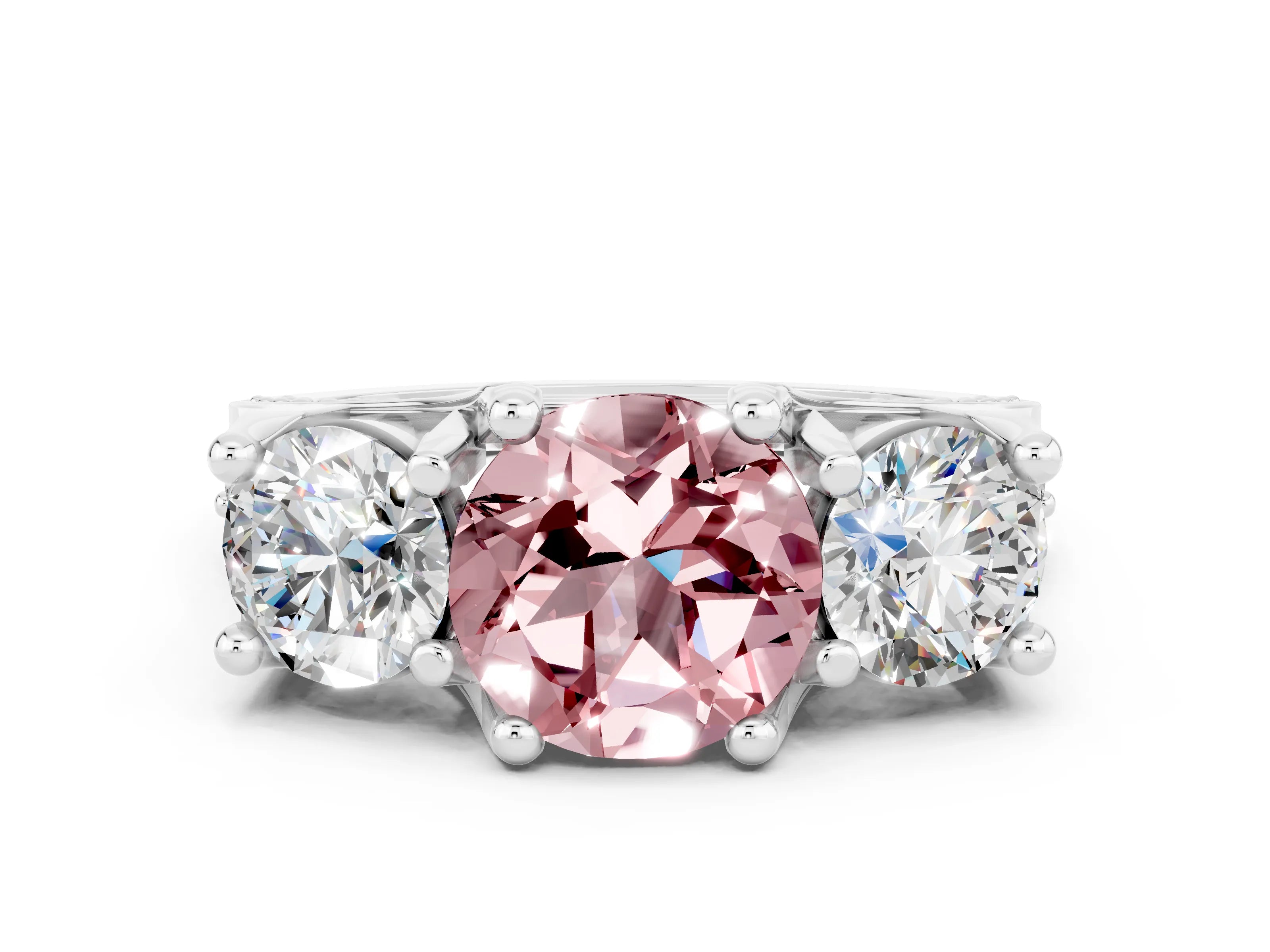 White gold Round Cut Morganite Three-Stone Ring with Channel Set Band and Four-Prong Setting