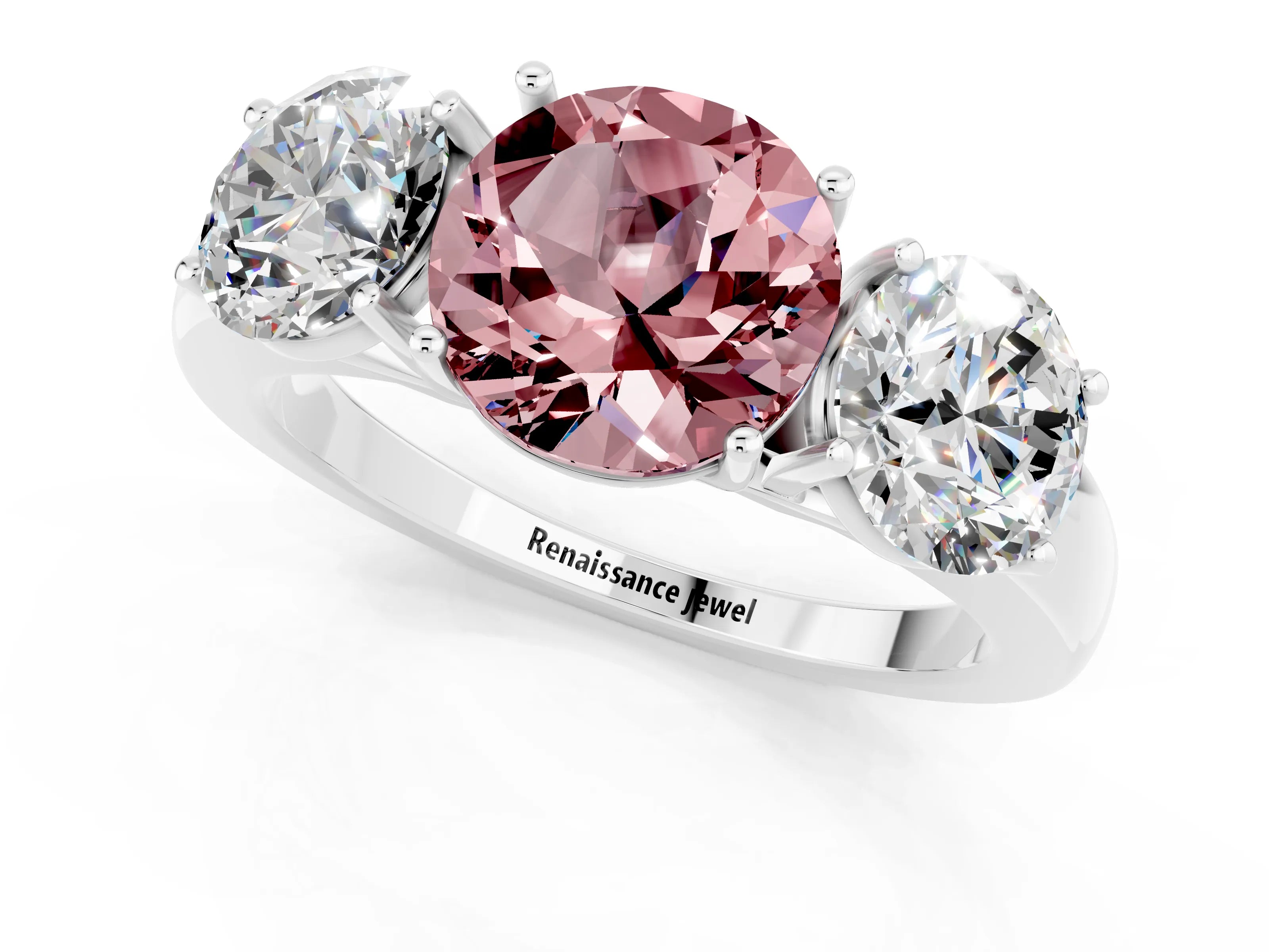 White gold Round Cut Morganite Three-Stone Ring with Four-Prong Setting and Classic Band_1
