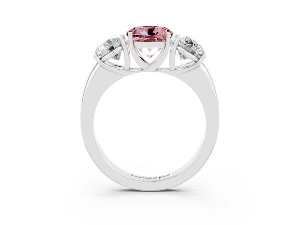 Silver Round Cut Morganite Three-Stone Ring with Four-Prong Setting and Classic Band