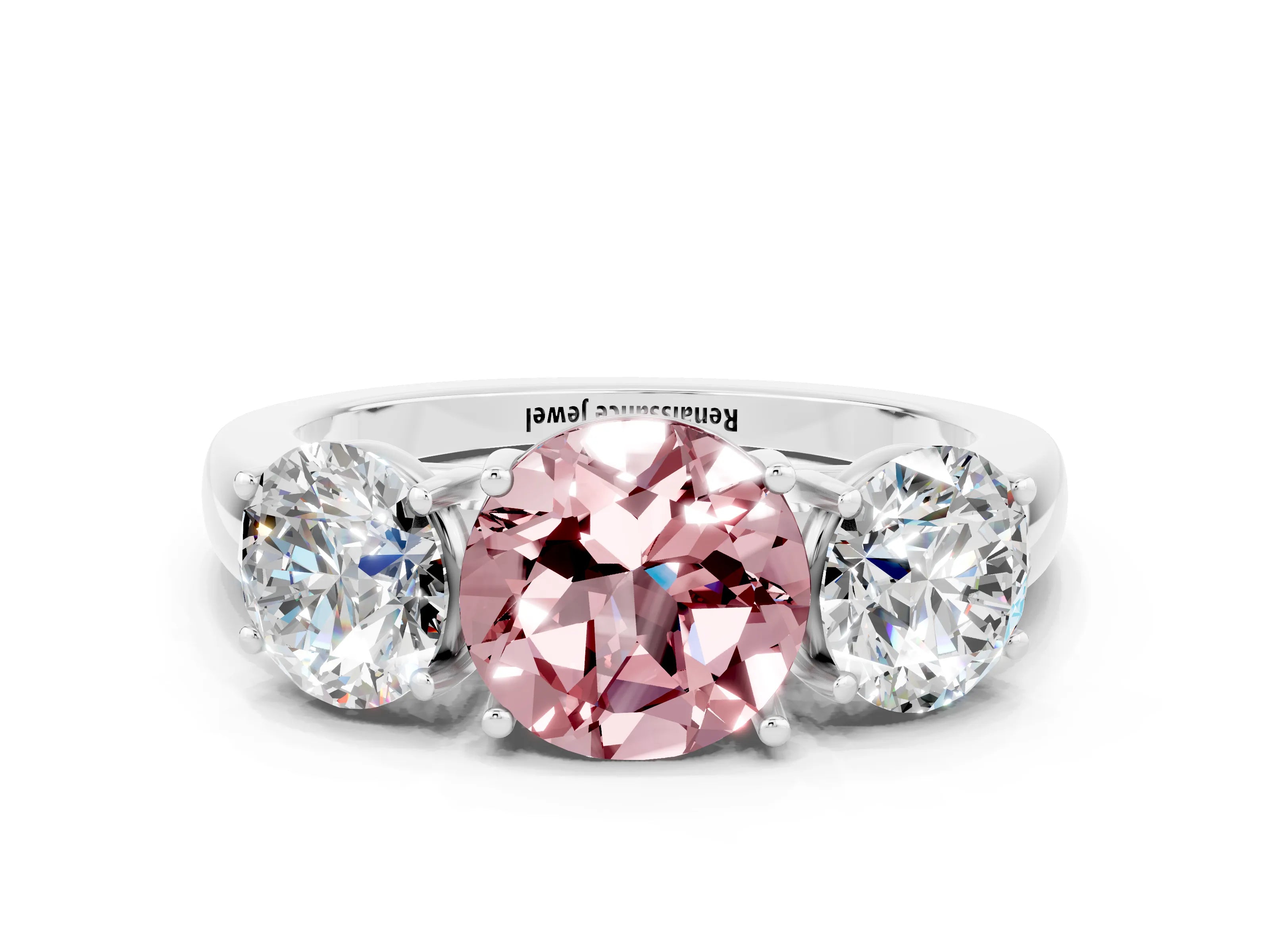 White gold Round Cut Morganite Three-Stone Ring with Four-Prong Setting and Classic Band