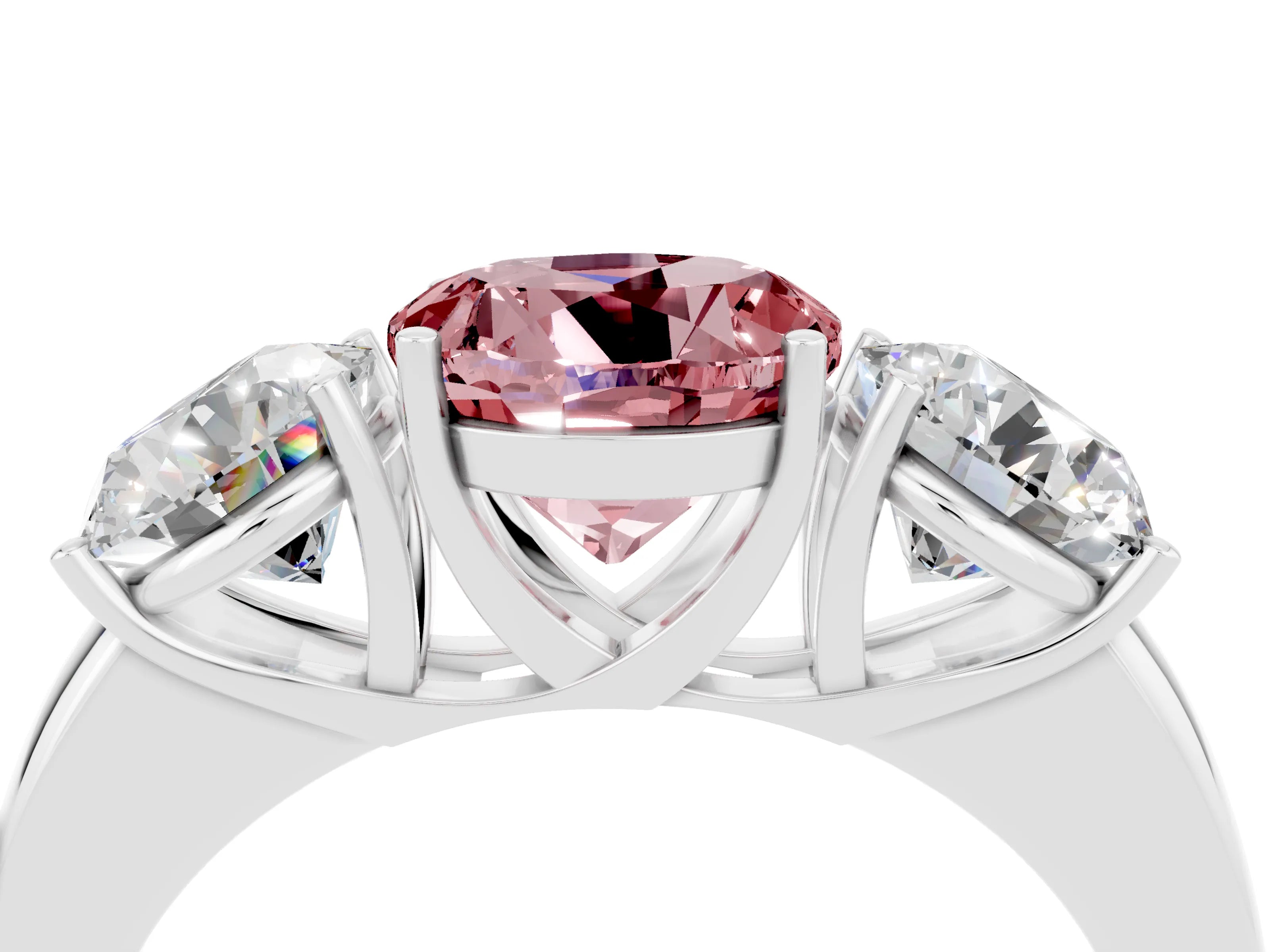 White gold Round Cut Morganite Three-Stone Ring with Four-Prong Setting and Classic Band_4