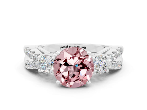 Platinum Round Cut Morganite Three-Stone Ring with Pavé Split Shank and Four-Prong Setting