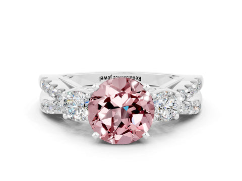 White gold Round Cut Morganite Three-Stone Ring with Pavé Split Shank and Four-Prong Setting