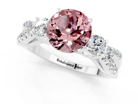 White gold Round Cut Morganite Three-Stone Ring with Pavé Split Shank and Four-Prong Setting_1