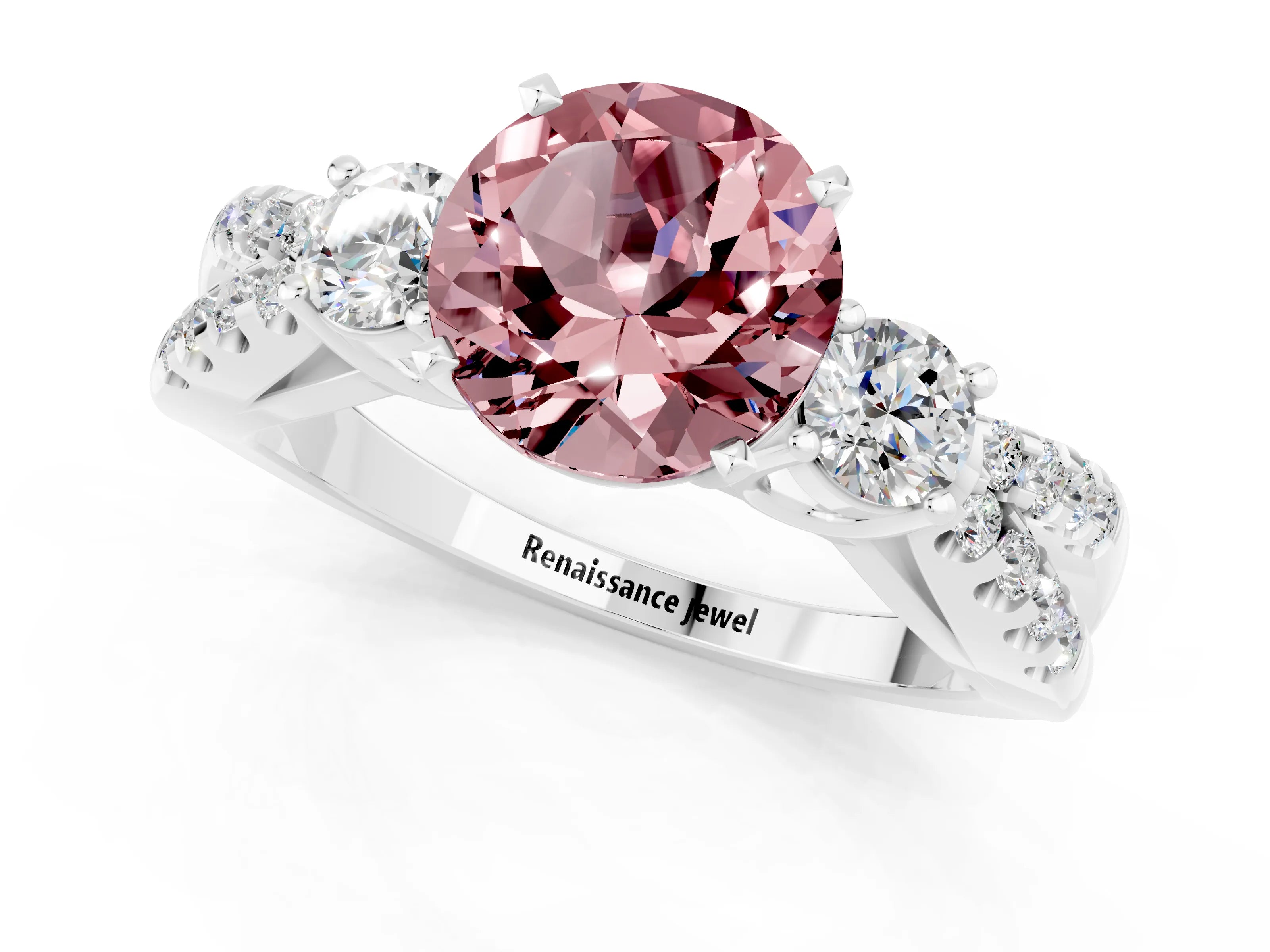 White gold Round Cut Morganite Three-Stone Ring with Pavé Split Shank and Four-Prong Setting_1