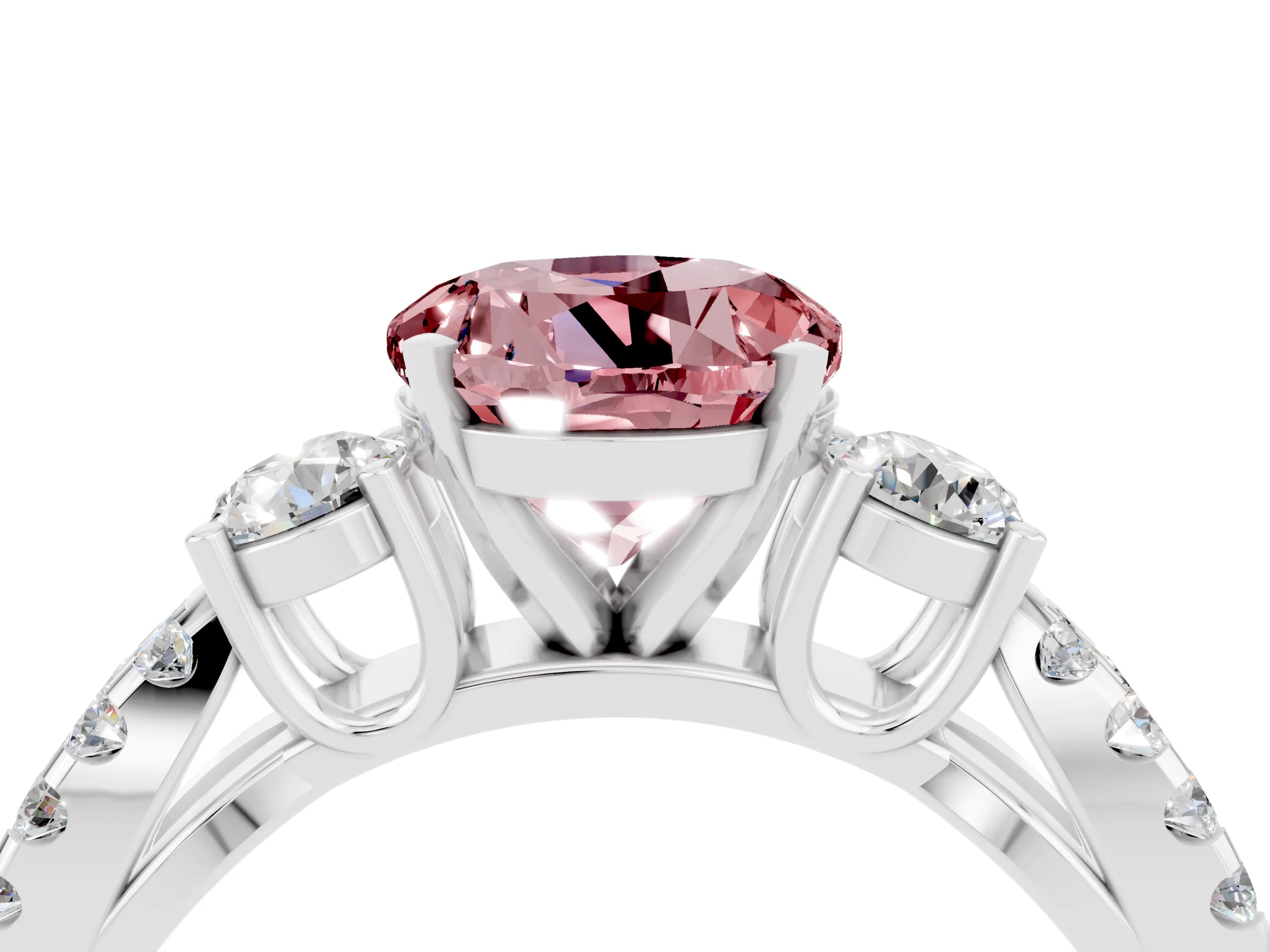 White gold Round Cut Morganite Three-Stone Ring with Pavé Split Shank and Four-Prong Setting_4