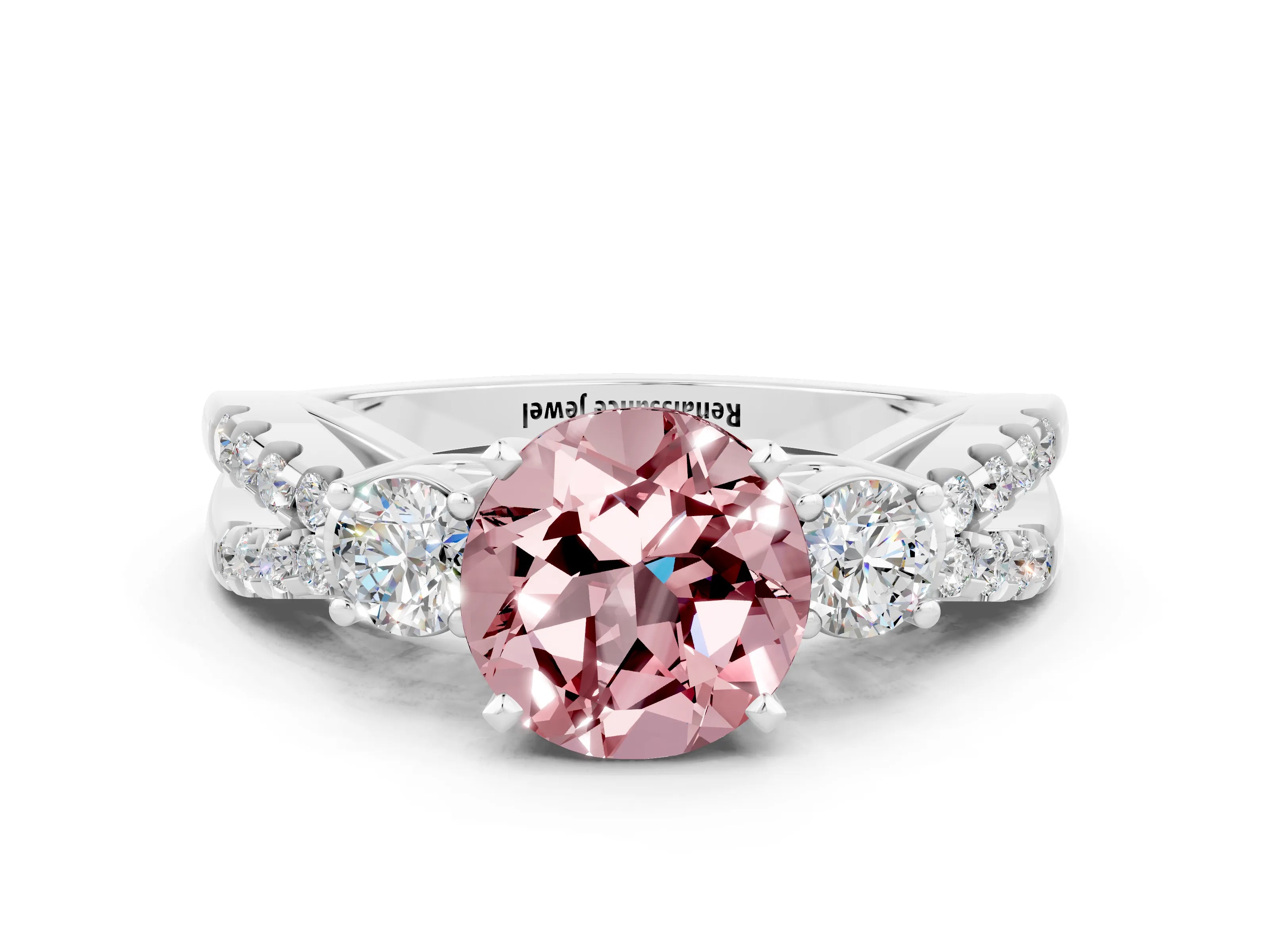 White gold Round Cut Morganite Three-Stone Ring with Pavé Split Shank and Four-Prong Setting