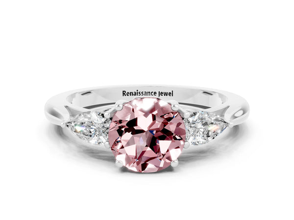 White gold Round Cut Morganite Three-Stone Ring with Pear  Side Stones and Prong Setting