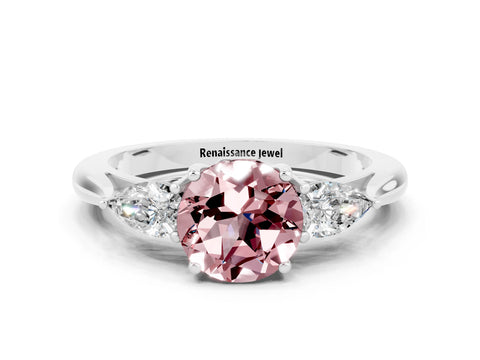 White gold Round Cut Morganite Three-Stone Ring with Pear Side Stones and Four-Prong Setting_12