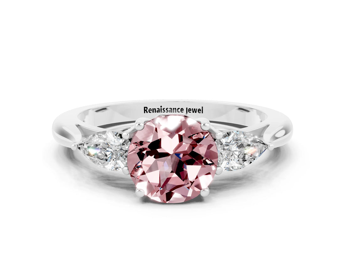 Silver Morganite Three-Stone Ring with Pear Side Stones and Prong Setting