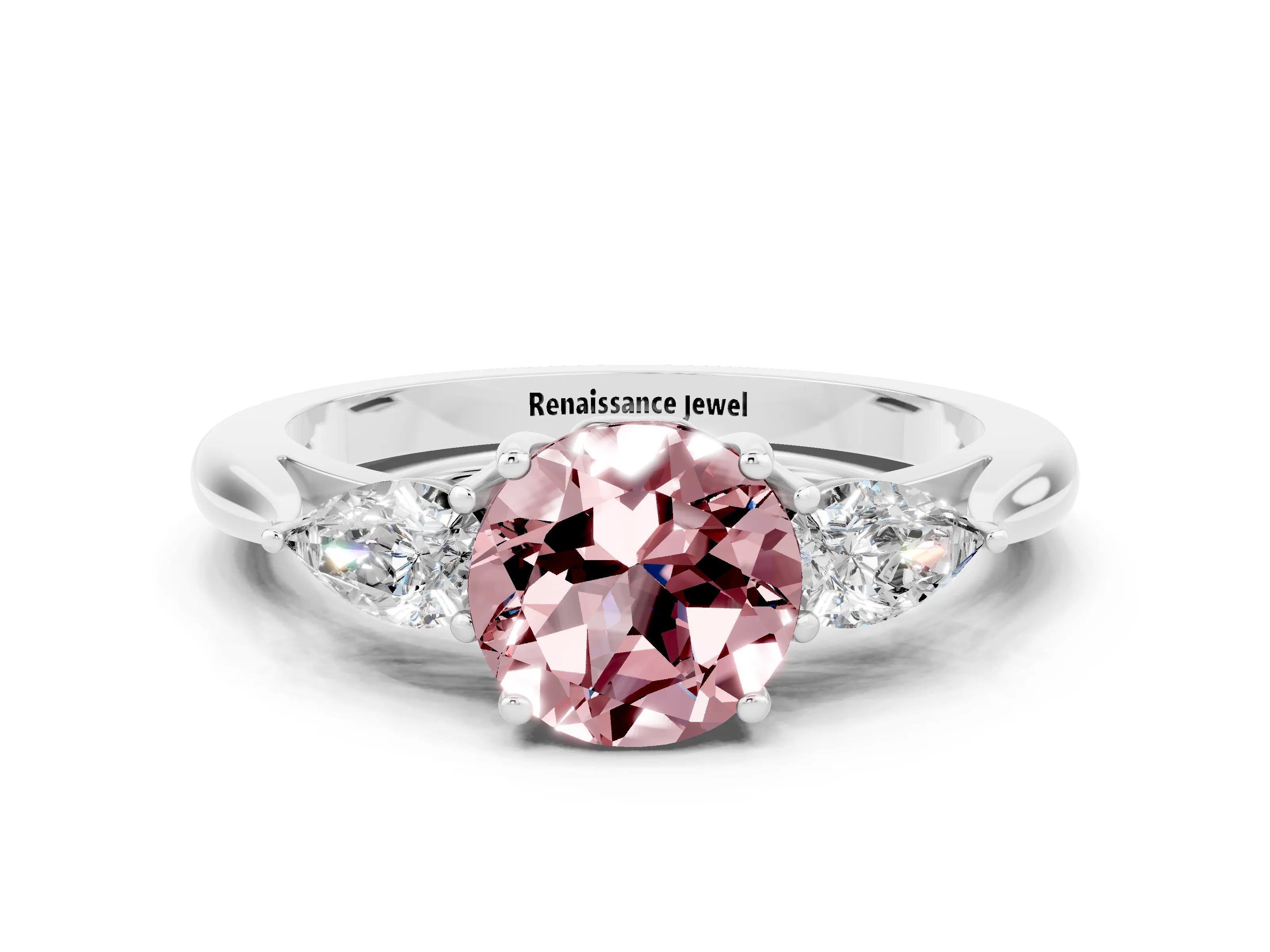 White gold Round Cut Morganite Three-Stone Ring with Pear Side Stones and Four-Prong Setting_12