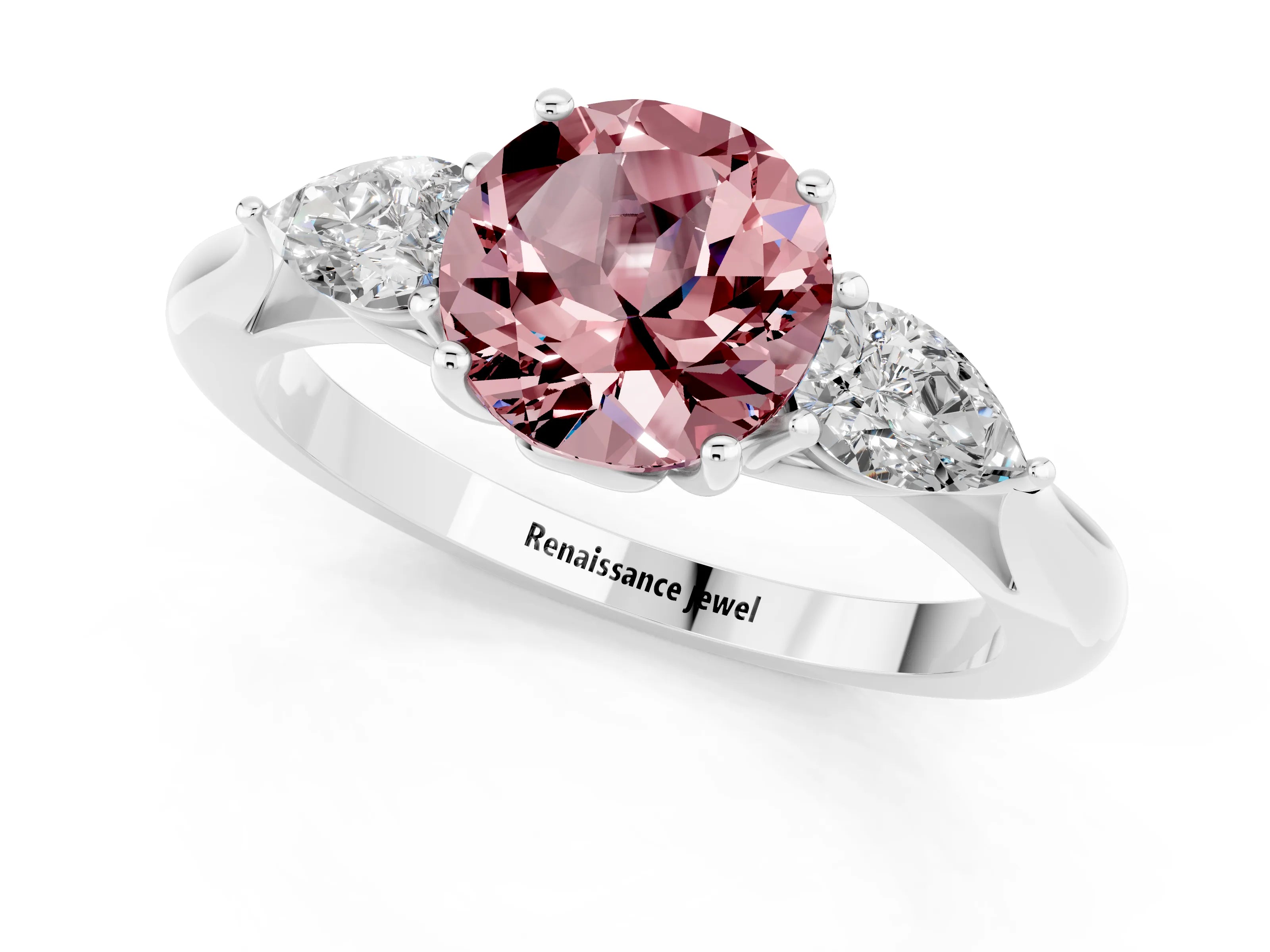 White gold Round Cut Morganite Three-Stone Ring with Pear Side Stones and Four-Prong Setting_13