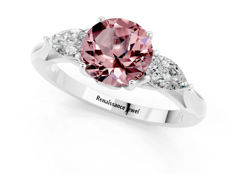White gold Round Cut Morganite Three-Stone Ring with Pear Side Stones and Four-Prong Setting_13