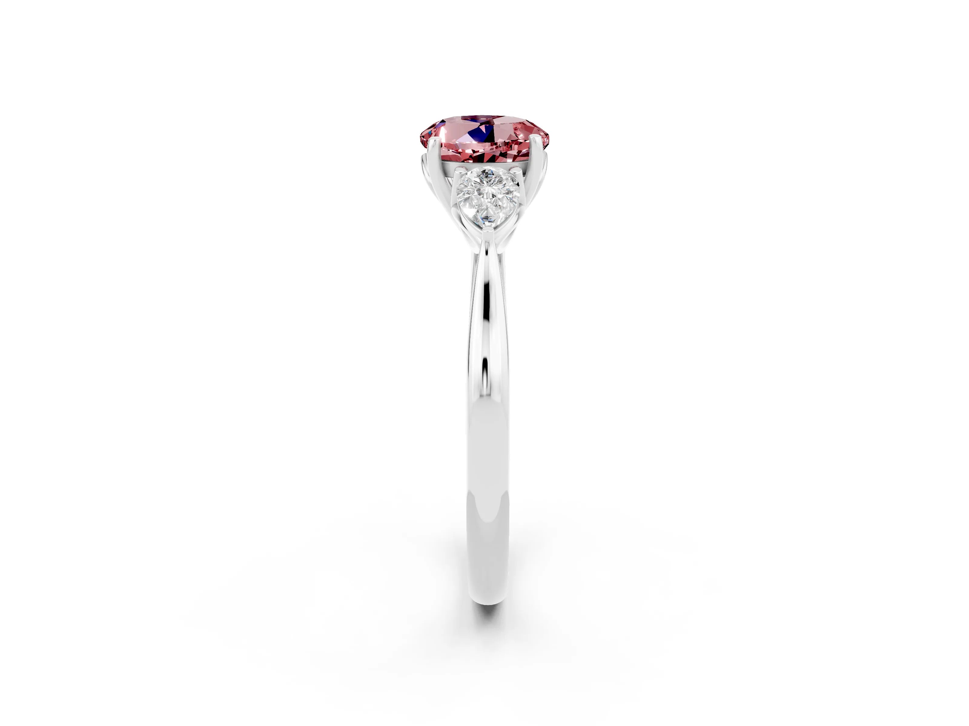 White gold Round Cut Morganite Three-Stone Ring with Pear Side Stones and Four-Prong Setting_14