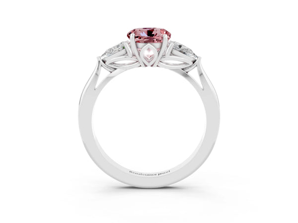 Silver Round Cut Morganite Three-Stone Ring with Pear  Side Stones and Prong Setting