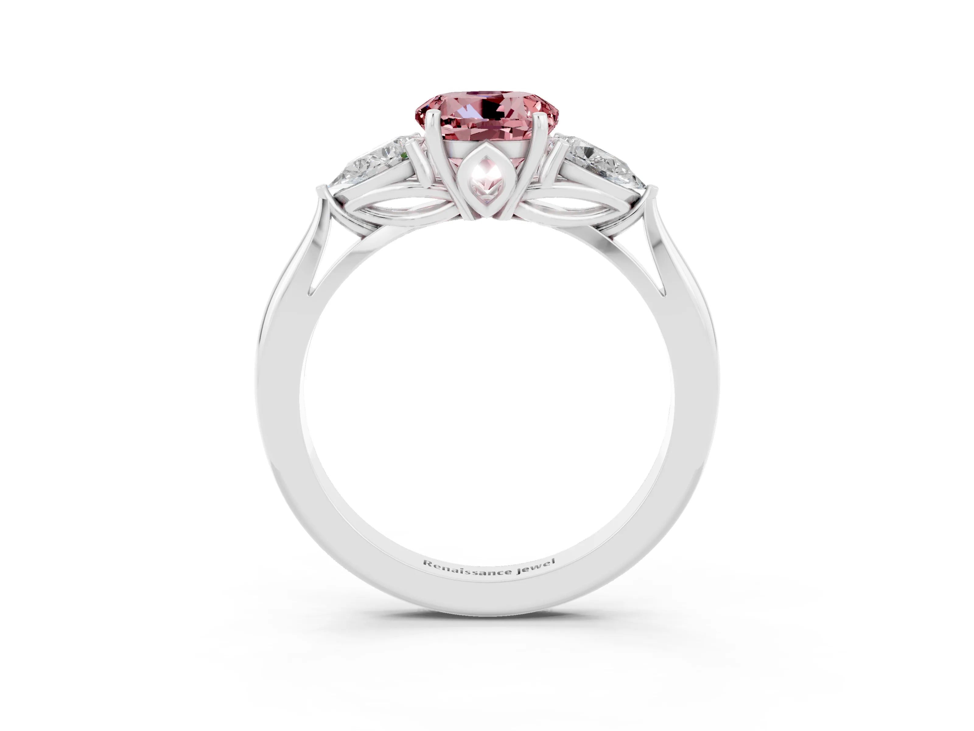 White gold Round Cut Morganite Three-Stone Ring with Pear Side Stones and Four-Prong Setting_15