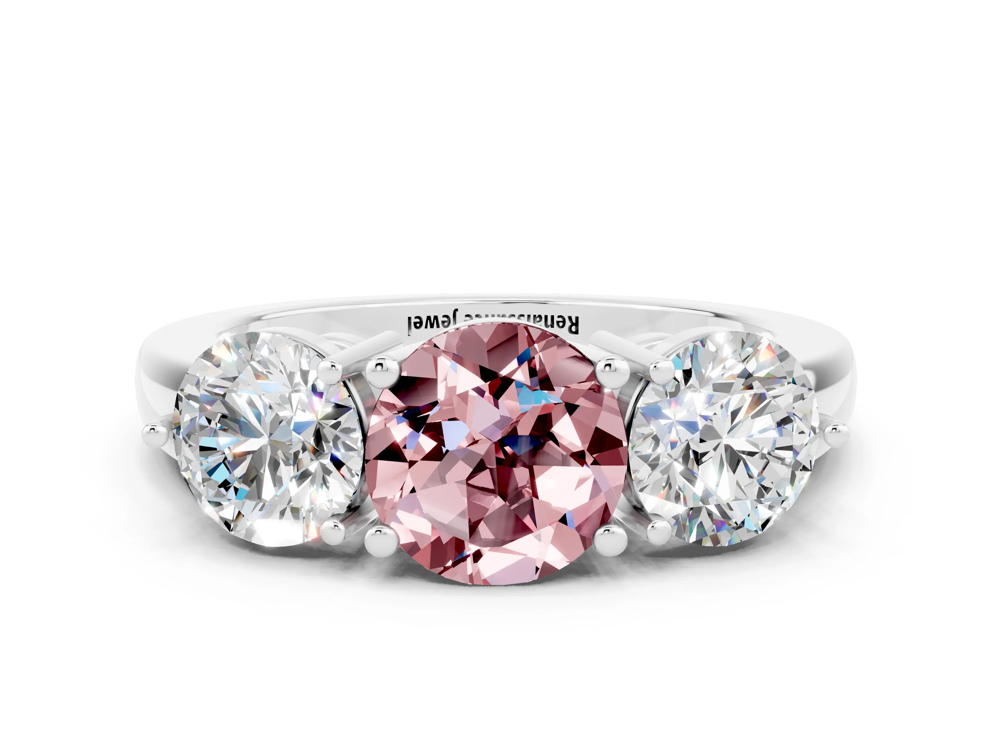 White gold Round Cut Morganite Three-Stone Ring with Prong Setting and Classic Band