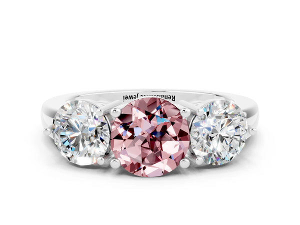 Silver Round Cut Morganite Three-Stone Ring with Prong Setting and Classic Band