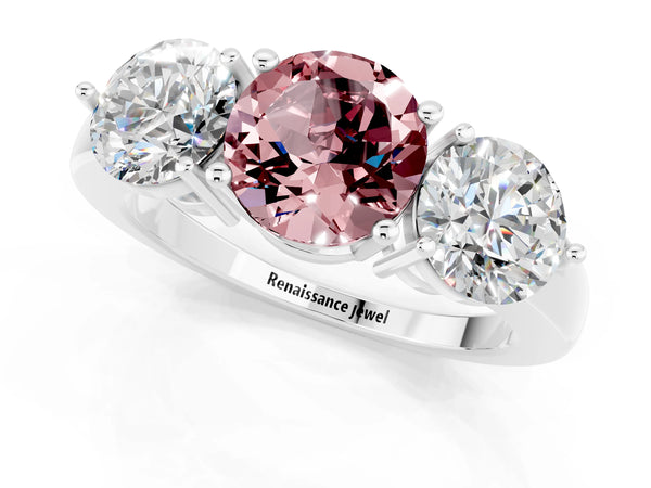 White gold Round Cut Morganite Three-Stone Ring with Prong Setting and Classic Band