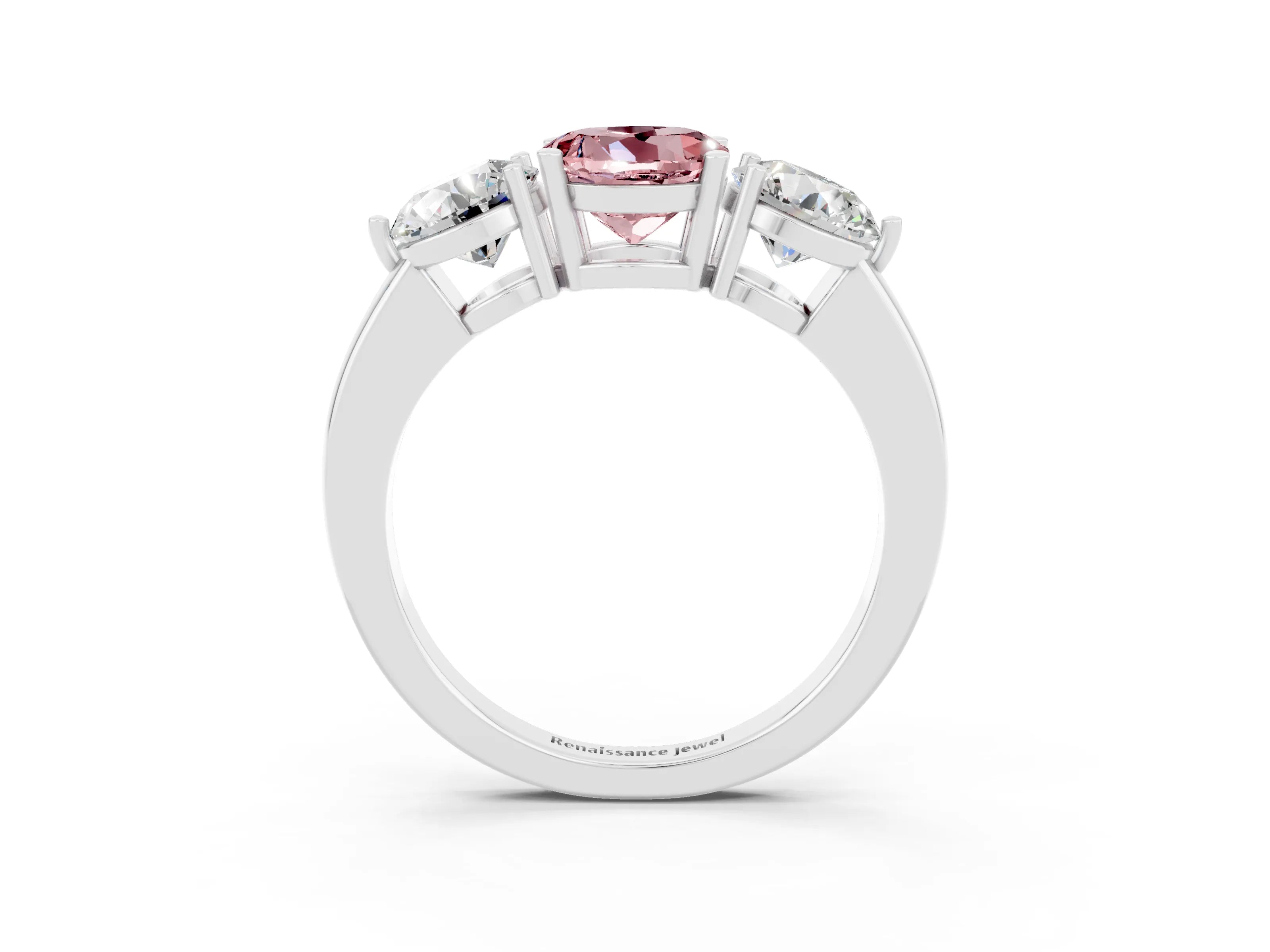 White gold Round Cut Morganite Three-Stone Ring with Prong Setting and Classic Band_3