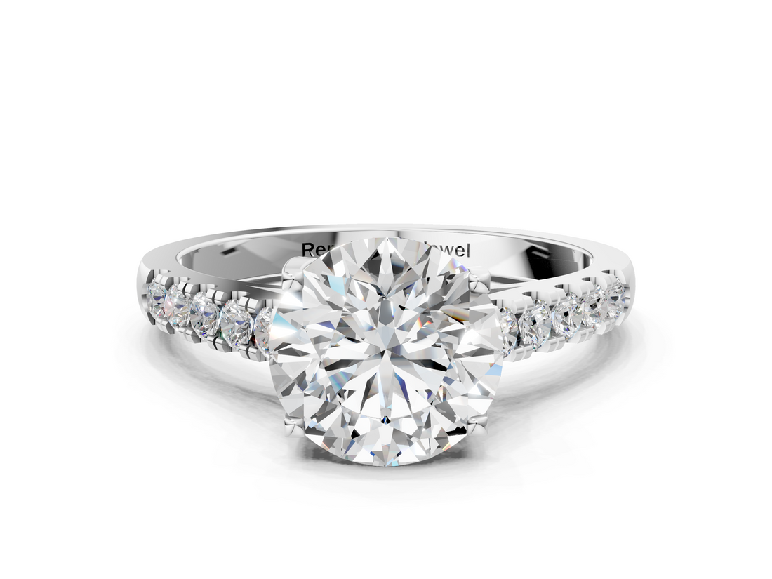 White gold Round Cut Pavé Band Solitaire Ring with Four-Prong Setting_317