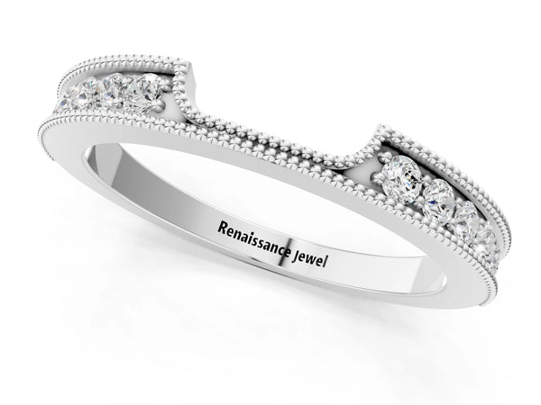 Platinum Round Cut Pavé Diamond Contour Band with Milgrain Detailing