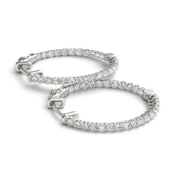 White gold Round Cut Pavé Diamond Hoop Earrings with Four-Prong Setting