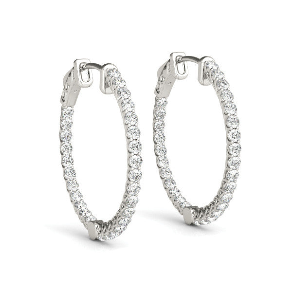White gold Round Cut Pavé Diamond Hoop Earrings with Four-Prong Setting