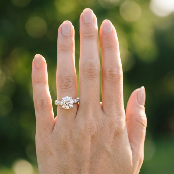 White gold Round Cut Pave Band Milgrain Solitaire Ring