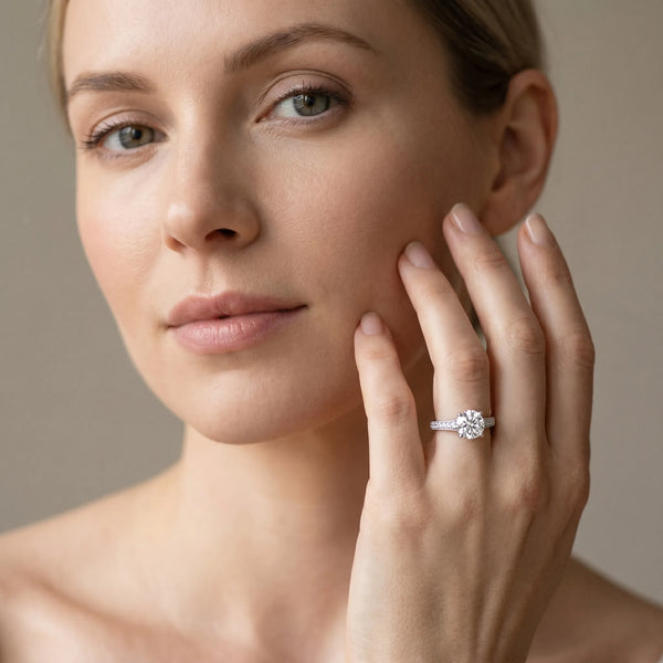 White gold Round Cut Pave Band Milgrain Solitaire Ring
