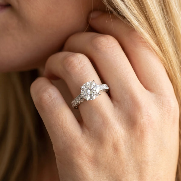 White gold Round Cut Pave Band Milgrain Solitaire Ring