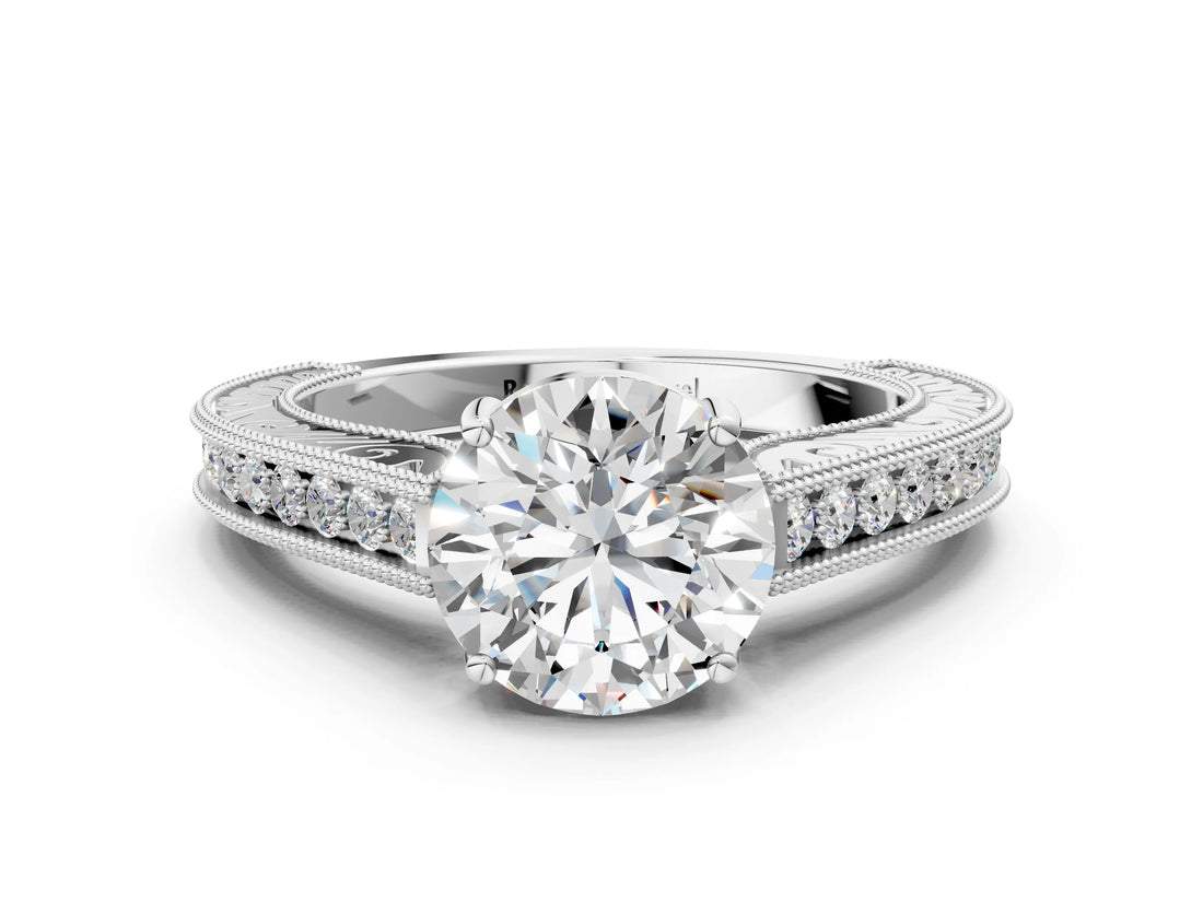 White gold Round Cut Pave Band Milgrain Solitaire Ring_6