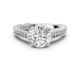 White gold Round Cut Pave Band Milgrain Solitaire Ring_6