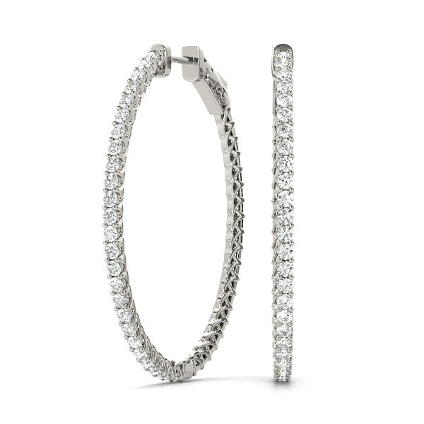 White gold Round Cut Pave Diamond Hoop Earrings with Prong Setting