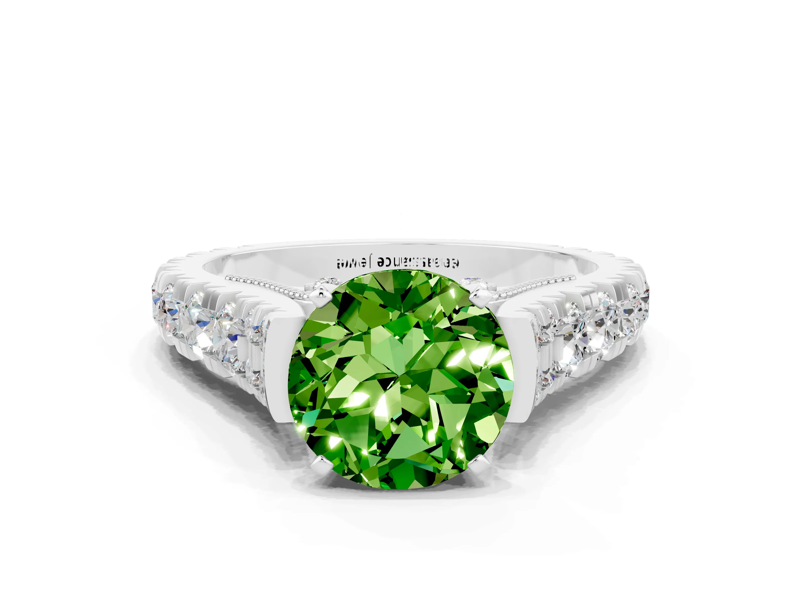 White gold Round Cut Peridot Classic Solitaire Ring with Pavé Band and Four-Prong Setting