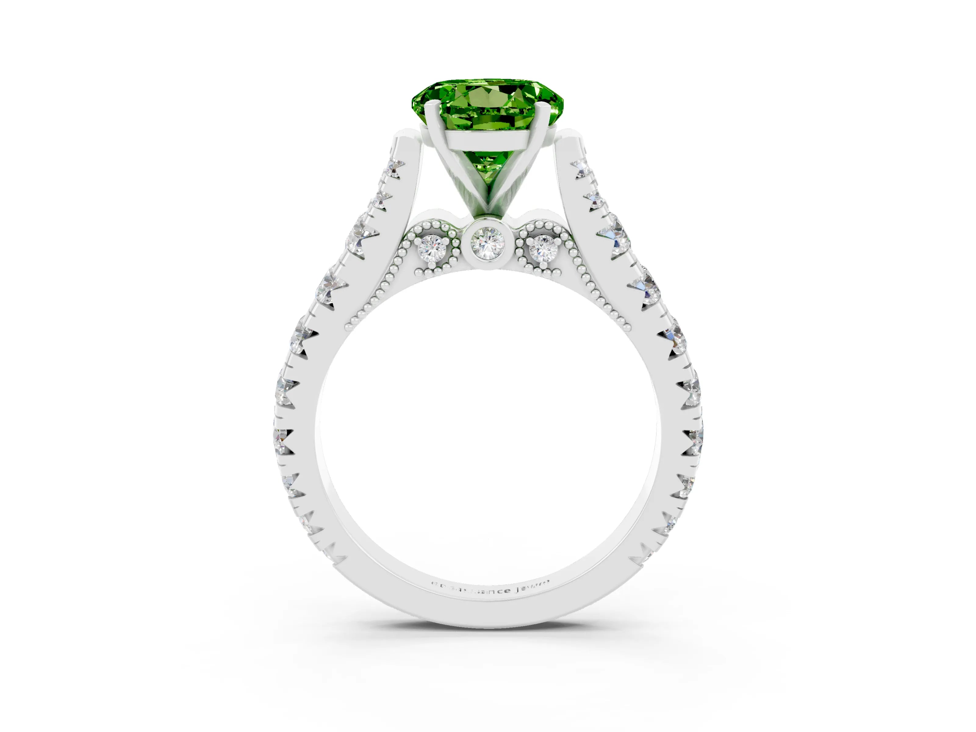White gold Round Cut Peridot Classic Solitaire Ring with Pavé Band and Four-Prong Setting_3