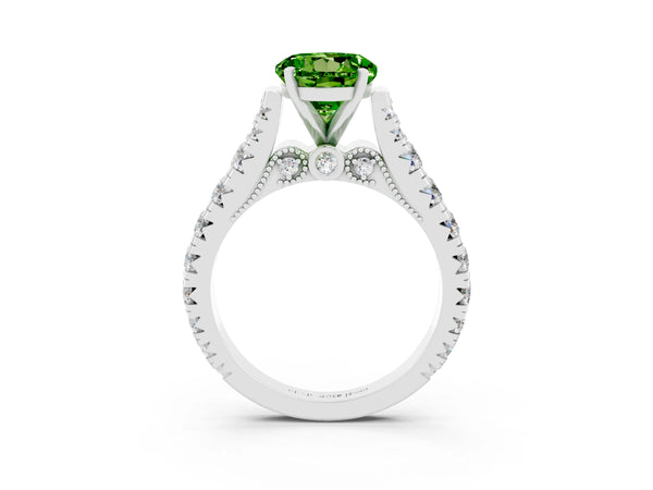 Silver Round Cut Peridot Classic Solitaire Ring with Pavé Band and Four-Prong Setting