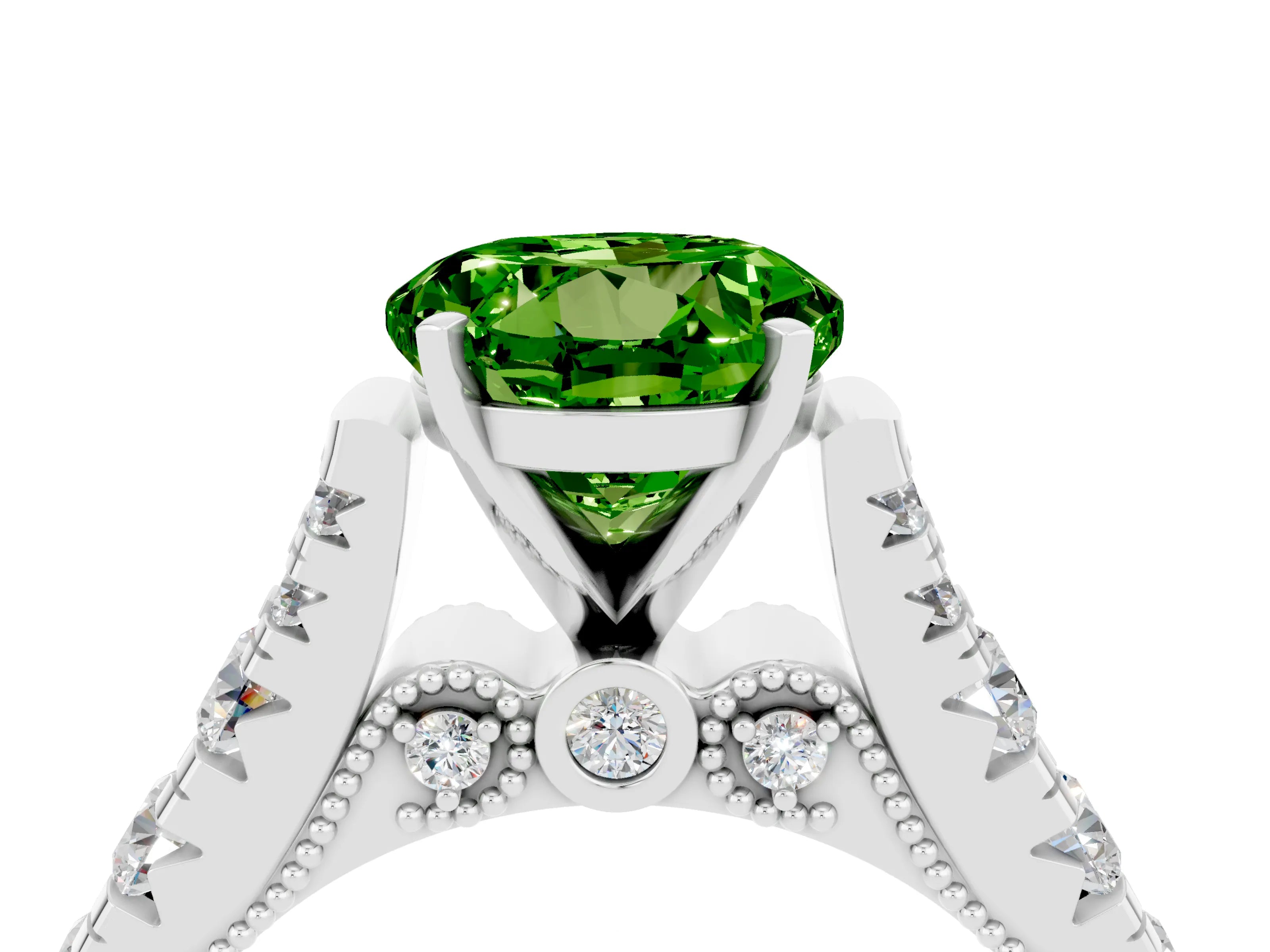 White gold Round Cut Peridot Classic Solitaire Ring with Pavé Band and Four-Prong Setting_4