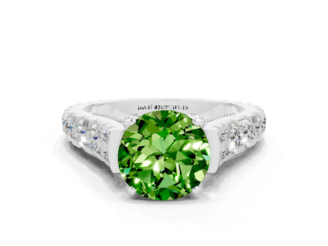 White gold Round Cut Peridot Classic Solitaire Ring with Pavé Band and Four-Prong Setting
