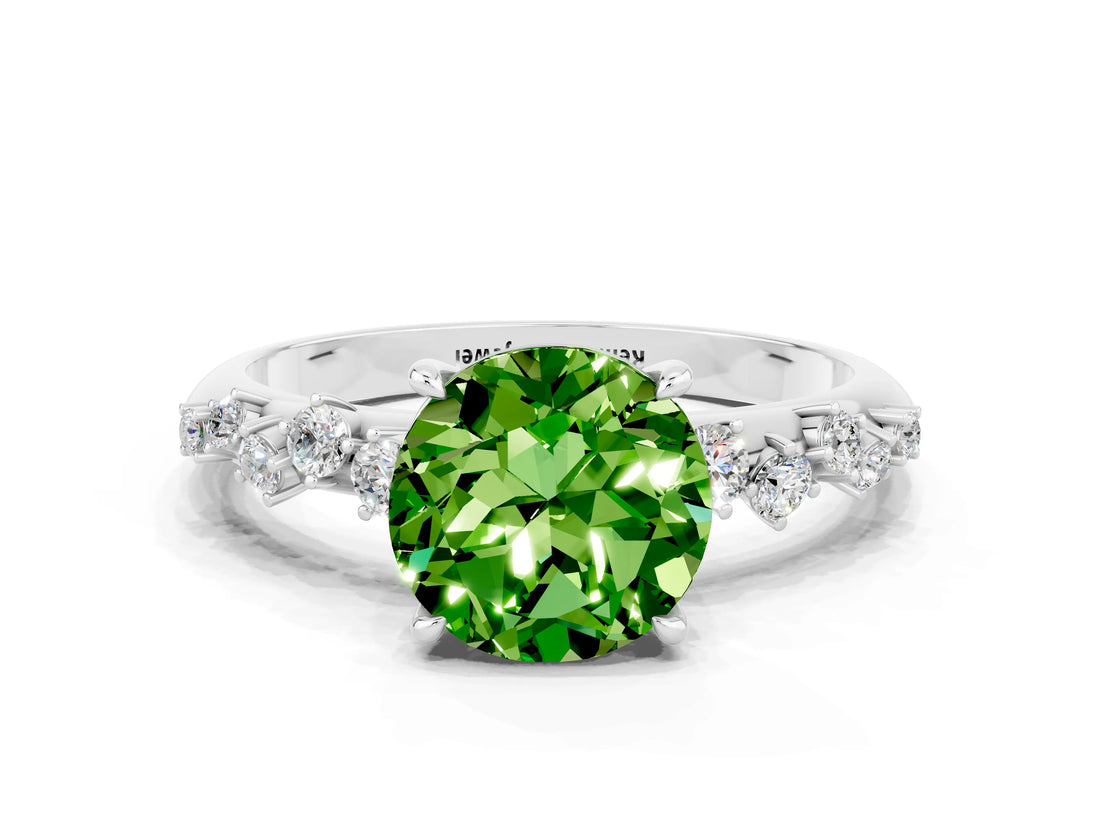 White gold Round Cut Peridot Cluster Side Stone Solitaire Ring with Prong Setting_24